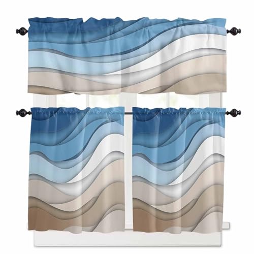 Blue Brown Kitchen Curtains 36 Inch Length,3 Piece Rod Pocket Small Half Tiers and Valance Set,Gradient Geometric White Water Stripes Modern Small Large Window Treatment Decor for Bedroom/Bathroom