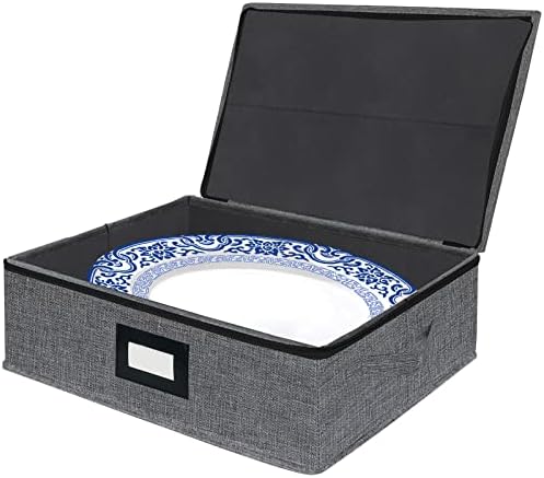 homyfort Platter Storage Case - Stackable China Storage Containers Hard Shell with Durable Zipper & Label & Sturdy Handles, 5.3” Height, Structured Top, 4 Felt Dividers Included (Dark Gray)