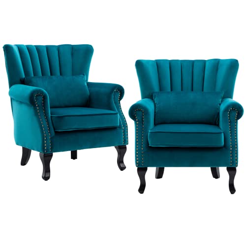chairus Mid-Century Modern Accent Chairs Set of 2 Comfy Sofa Chairs Channel Back Armchairs with Small Pillow for Living Roon Bedroom Club - Velvet, Teal