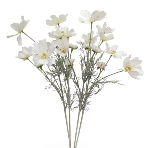 XZJMY Cosmos Silk Flowers, Pack of 4 Tall 24 Inch Fake Flowers,Wild Flowers Branches,Artificial Flowers for Home Wedding Party Decoration,Light Blue/White (White)