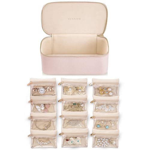 VLANDO Direct US VLANDO Jewelry Travel Case with 12 Clear Velvet Zipper Pouches,Pink