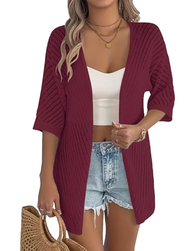 Image of Zeagoo Lightweight Summer Cardigan for Women Short Sleeve V Neck Crochet Kimonos Loose Open Front Hollow Out Cover Ups