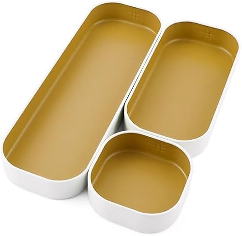 Three by Three Seattle 3 Piece Shallow Metal Organizer Tray Set for Storing Makeup, Stationery, Utensils, & More in Office Desk, Kitchen and Bathroom Drawers (1 Inch, Gold and White) (Pack of 18)
