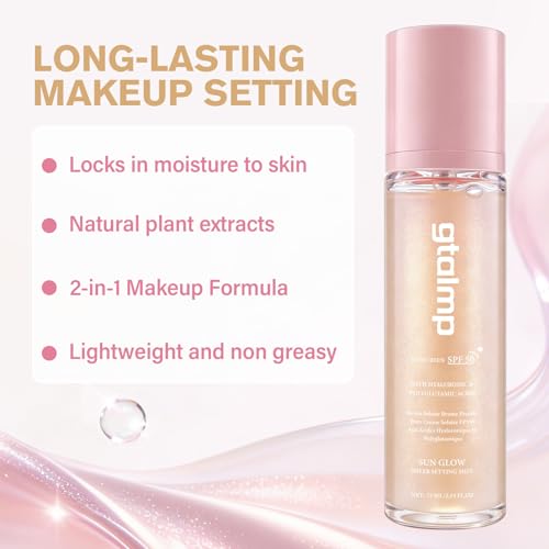 gtalmp Sheer Setting Mist Sunscreen SPF 50, Glitter Body & Face Sunscreen Spray, Weightless, Fast Drying Setting Spray for a Hydrated, Dewy Finish, Beach, Festival, Summer Vacation (2 Pack)