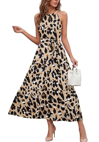 AUSELILY Damen Sommerkleid Lang Ärmellos Maxikleid Mit Taschen und Gürtel Khaki Leopard L