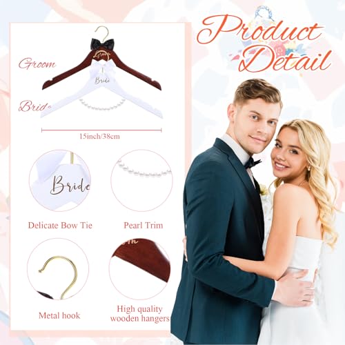 2 Pcs Bride Hanger Bride and Groom Wooden Wedding Dress Hanger Set with Bow Tie for Tuxedo Suit Wedding Gift Bridal Party Shower(Vivid)