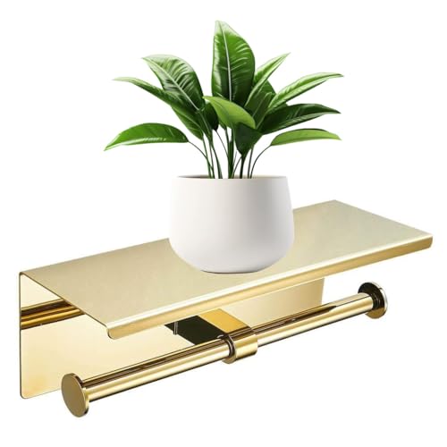 Double Toilet Paper Holder with Phone Shelf Dual Roll Tissue Holder Dispenser Wall Mounted SUS304 Commercial Stainless Steel Roll Holder Storage Cool Bathroom Accessory (Gold) by KWQKEM - Used condition - US$15.00