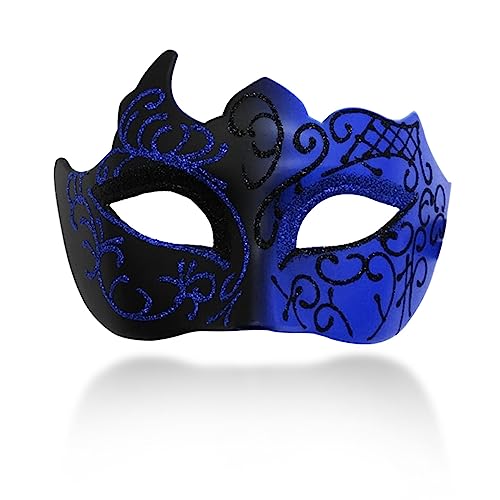 Ralleyfun Men Masquerade Mask Couple Venetian Mask for Party Halloween Costume Carnival (Black+Blue)
