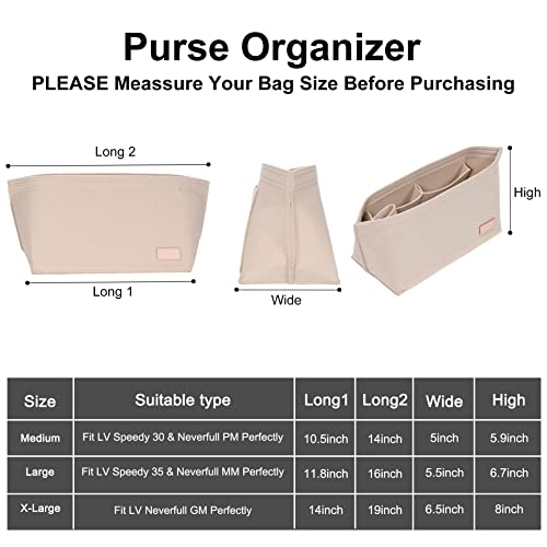Doxo Purse Organizer Insert, Felt Bag Insert Tote Shaper Fit LV Neverfull PM & Base Shaper 2pc Set with Zipper Pocket and Bottle Holder (Medium-Beige-Combination)