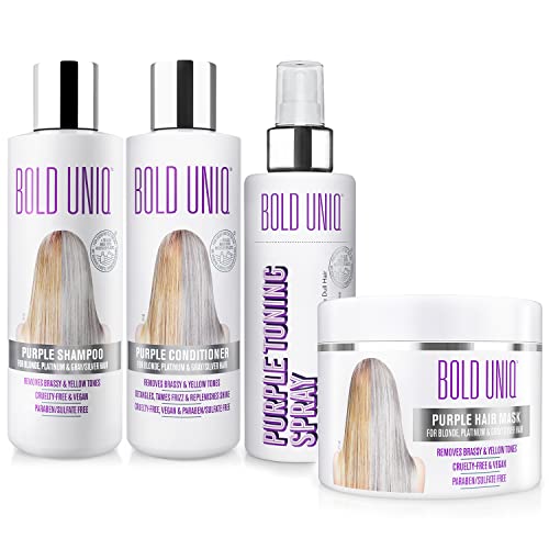Bold Uniq Blonde Toner Spray & Purple Shampoo, Conditioner & Mask Bundle - Eliminates Brassy Tones From Blonde, Platinum, Silver/Gray Hair. Paraben & Sulfate-free