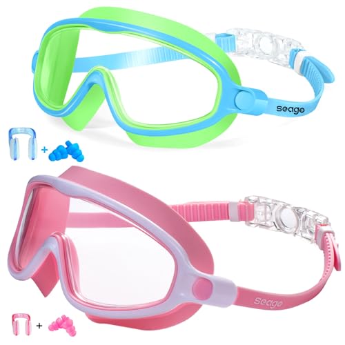 Kids Goggles for Swimming 2 Pack No Leaking Anti-Fog Outer Eye Fit with Wide View UV Protection Crystal Clear Watertight Swim Goggles with nose cover Suitable for Children Boys Girls Age 3 to 14