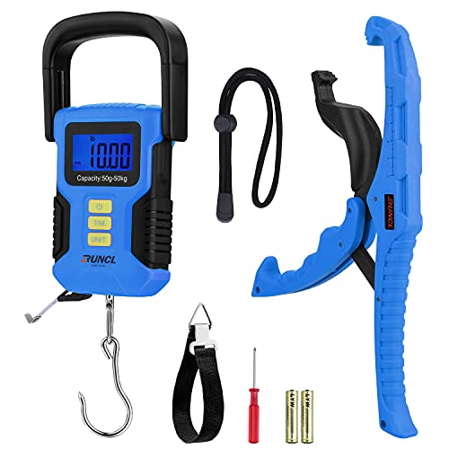 RUNCL Waterproof Fishing Scale with Lip Gripper, Fluorescent Button Digital Fish Scale 110lb 50kg - Backlit LCD Display, 40in Tape Measure - Hanging Scale for Home and Outdoor(Blue)