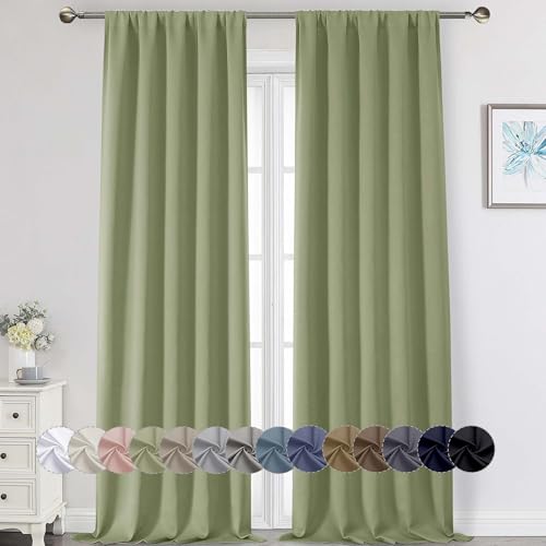 WelvetBLK Extra Long Sage Green Blackout Curtains for Bedroom Living