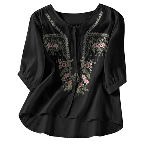 XVKYPLH Women Boho Floral Embroidered Tops Cotton Button Down Shirts