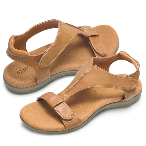 Image of PARTY Women's Open Toe Sandals Arch Support and Adjustable Straps Comfortable Sandals for Walking,BROWN,7