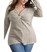 TAKEYAL Womens Plus Size Shirts Long Sleeve Wrap Knitted Sweater Tops V Neck Fall Casual Tunic To...