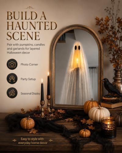 RZGBJYV Light Up Ghost Mirror Novelty Ghost Holding Candle On Mirror Halloween Decorations Indoor Halloween GhostMirror Lighted Holiday Displays Spooky for Wall Table Mantel Room Home Office Party — view 5