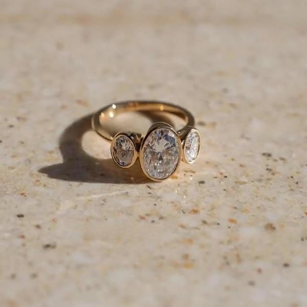 5 Carat Oval Cut Moissanite Engagement Ring 14 k Yellow Gold Three Stone Bezel Set Trilogy Wedding Ring Promise Anniversary Jewelry For Women Thank you Gift For Wife3