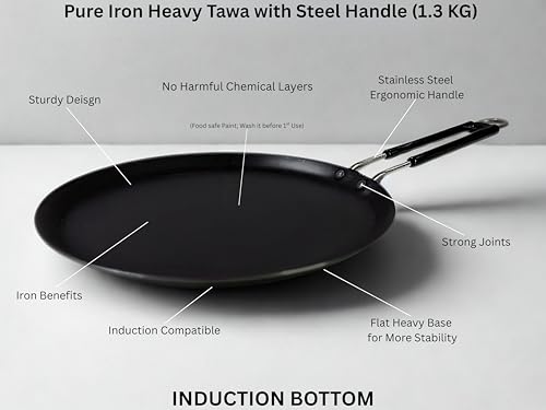 Pure Iron Heavy Induction Tawa for Roti/Chapati with Steel Handle | Premium Flat Bottom Induction Loha Tava with Health Benefits | Non-Toxic, No... - Image 3