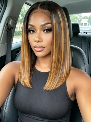 Image of KLAIYI Brown to Blonde Bob Straight Precut 7x5Lace Front Wig Human Hair 14 inch