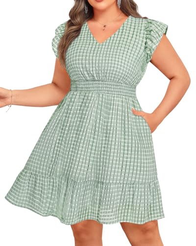Image of Talisea Women's Plus Size Summer Dress - Casual V-Neck Flutter Sleeves A-Line Short Sun Dress with Pockets for Beach Vacation