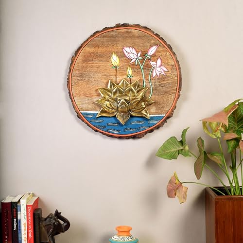 Image of AAKRITI ART CREATIONS Kamala Lotus Wall Art, Handcrafted Wooden Decor with Lotus Flower, Dhokra Art Wall Hanging Panel Set of 1 Multi Color | Matte Finish Mango Wood | Living Room, Bedroom, Office