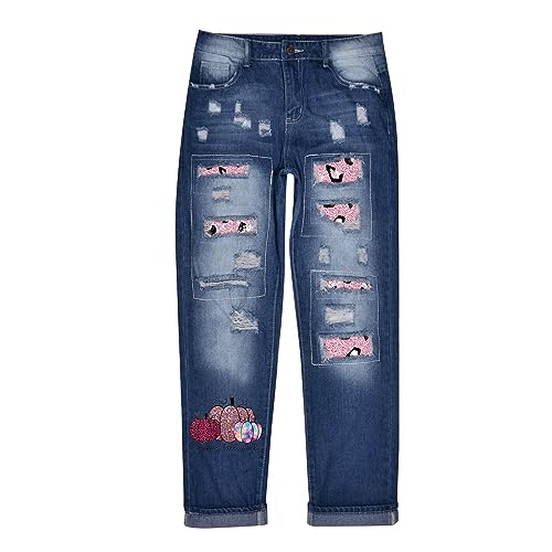 Jean déchiré femme motif citrouille pantalon large confortable Halloween
