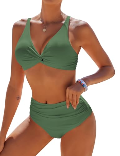 AI'MAGE Damen Push Up Bikini Set Bauchweg V Ausschnitt High Waist Badeanzug Armee Grün S