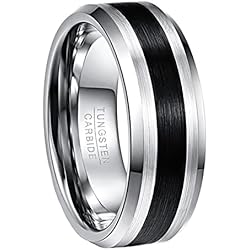 Trendhim Anillos NUNCAD Anillo Pareja Hombre Mujer Unisex de Tungsteno con Raya de Negro 8mm de Ancho Plateado Cepillado para Boda Compromiso Aniversario Cumpleaños Talla 66 (21,0mm)