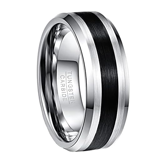 NUNCAD Ring män/kvinnor volframkarbid silver_svart, yttre bredd 8 mm högpolerad vid kanterna, invändig finish borstad bröllop fritid arbete födelsedag party partner vänner, storlek 49–72, Volframkarbid, utan sten,