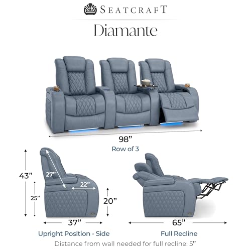 Image of Seatcraft Diamante Smokey Blue Italian Leather Home Theater Seating, Zero Gravity Power Recliner, Gaming and Home Office Chair, Powered Headrest Furniture for Family Cinema Room, Row of 3