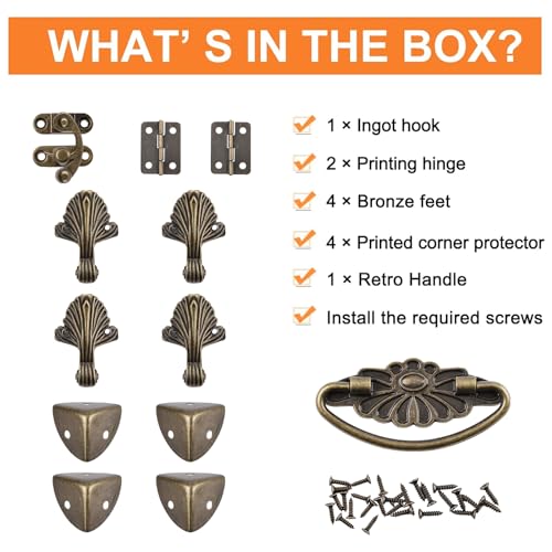 MOROBOR Bronze Jewelry Box Antique Lock Latch Hasp Hinges Handle Box Corner Protectors Kit for DIY Jewelry Box Wood Case Jewelry Chest Storage Box Feet Leg Corner Protector - Image 4