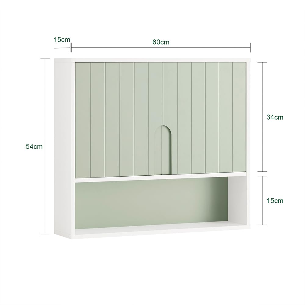 SoBuy Meuble Salle de Bain Suspendu Vert Sauge, Armoire Murale avec Étagère, Rangement Suspendu Gain de Place, Armoire Pharmacie, Meuble Dessus WC 60 × 54 × 15 cm BZR140-GR