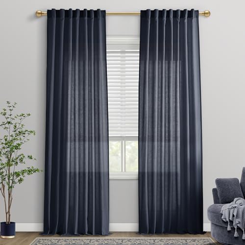 Navy Blue Linen Cotton Blend Curtains, Dark Neutral with Elegance,