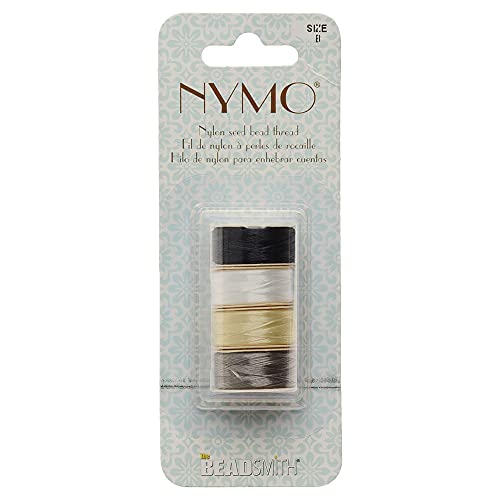 Nymo Beading Thread Assortment Size B 1 Bobbin Each of Colors Black, White, Cream and Gray.