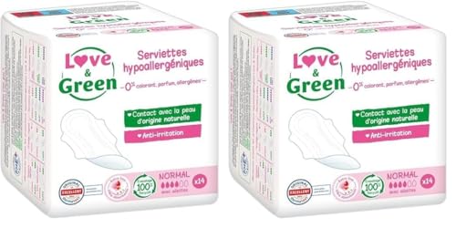 Love & Green - Compresas hipoalergénicas normales (0%, 14 unidades) (Paquete de 2)