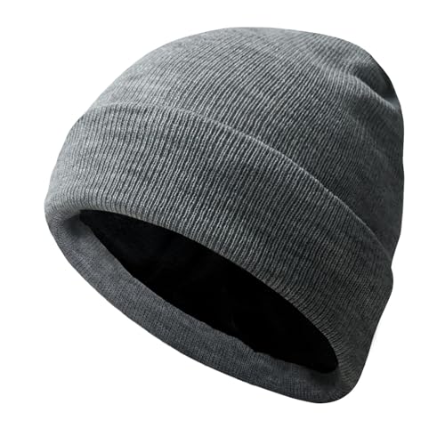PFFY Beanie for Men Women Unisex Knit Cuffed Plain Winter Thick Lined Beanies Hats Pure Grey