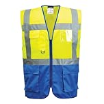 Portwest C476 Warsaw Hi-Vis Contrast Executive Sleeveless Safety Vest with Pockets - Reflective High Viz Outdoor Safety Workwear, Yellow/Royal, L