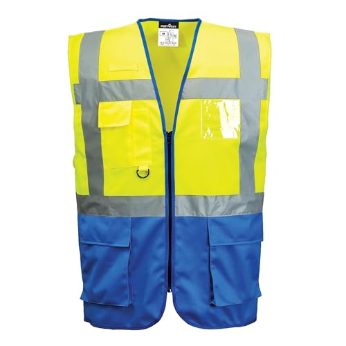 Portwest C476 Warsaw Hi-Vis Contrast Executive Sleeveless Safety Vest with Pockets - Reflective High Viz Outdoor Safety Workwear, Yellow/Royal, L