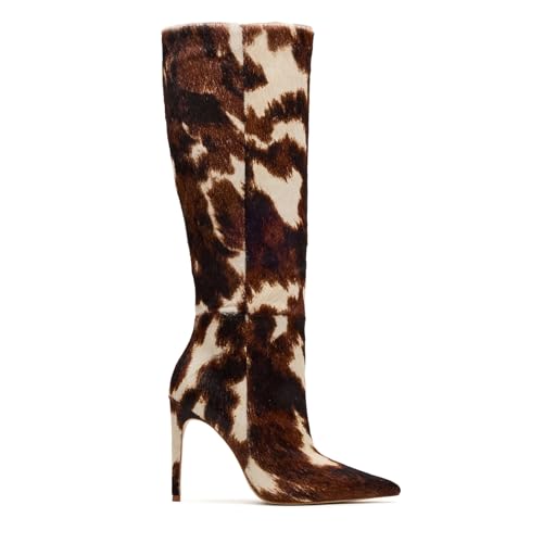 DOEYG Brown Cow Print Knee High Boots for Women Animal Pointed Toe Heeled Stiletto Boots Dressy Fashion Tall Boot with Side Zipper Size 8
