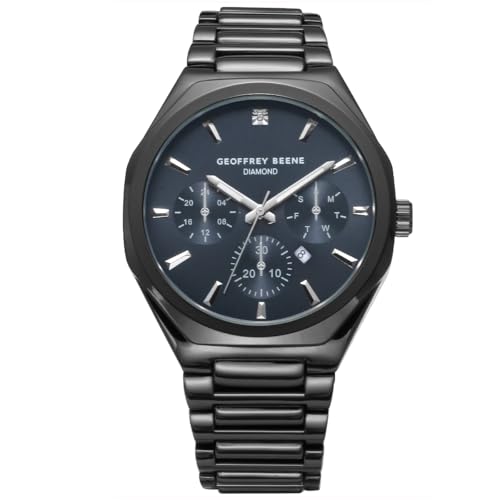 Geoffrey Beene Men's Black Decorative Subdials Metal Dress Watch, Genuine Diamond Accent Dial, Classic Quartz, Elegant Design (Gunmetal)