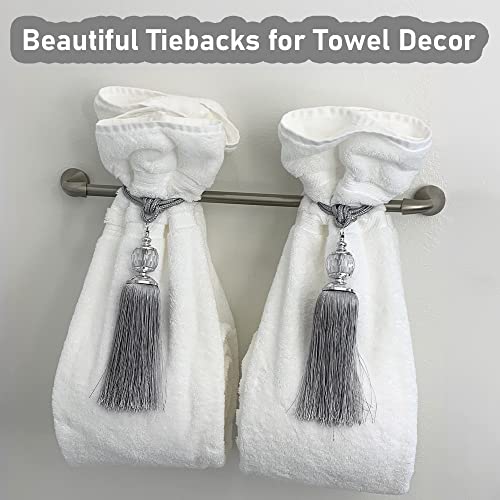 KOLAKO Curtain Tiebacks, 4 Pack Tassel Tie Backs for Curtains, Silver Crystal Drapery Rope Holdbacks Hooks Boho Decorative Window Drape Holders Handmade Curtain Tassel Tieback