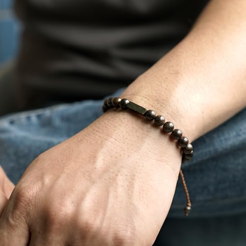 Handmade Natural Gemstone Beaded Healing Bracelet for Men, Adjustable Waterproof Bracelet with Pyrite Lucky Brick, Birthday Gifts for Boyfriend Husband Him - Image 3
