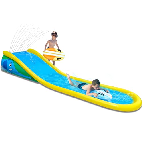 Inflatable Water Slide with Sprinkler for Kids,15FT waterslide with 2 Inflatable Surf Riders and Built-in Sprayer for Ages 6 and Up Backyard Summer Sprinkler and Splash Water Toy Outdoor Fun