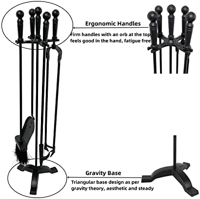 Tomersun 5 Pieces Fireplace Tools Set 29.13in(74cm) Cast Iron Black Fireplace Accessories for Indoor and Outdoor Fireplace Tool Sets Stand Log Shovel Brush Tong and Fireplace Poker