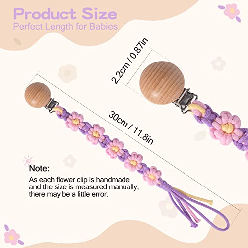 Image of Pacifier Clip for Boys Girls Floral Daisy Macrame Paci Clip Pacifier Holder Leash Boho Wooden Clips Handmade Braided Cotton Unisex Baby Shower Birthday Gift