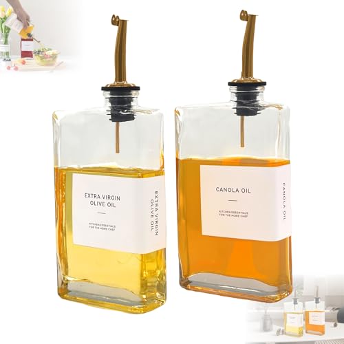 FENGJIAHUI Aceitera de Vidrio, 2 Piezas Vinagrera de Cristal de 350 Ml, Aceitera Antigoteo, Dispensador de Aceite y Vinagre con Vertidor, Etiquetado, a Prueba de Goteo, Apto para uso en Cocina (oro)