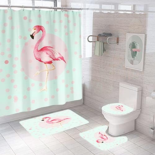 Posienr Pink Flamingo Shower Curtain Sets Bath Mat 4 Pcs Decor Bathroom Art Print Contour Mat Toilet Lid Cover U Shaped Non-Slip Light Green 72inch x72inch