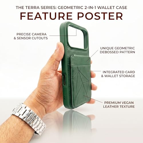Image of amazon basics Premium Vegan Leather Back Cover with Card Holder and Integrated Mobile Stand for iPhone 17 Pro Max - Slim Shockproof Wallet Case with Geometric Stitching [Green]