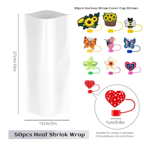 Image of Daily Treasures 50pcs Sublimation Shrink Wrap Sleeve Set (with 10pcs Cute Straw Cover Caps),5x10 inchHeat Shrink Wrap,White Bag Heat Shrink Film,Sublimation Wraps For 20oz Tumblers Mugs Cups Jars Cosmetic